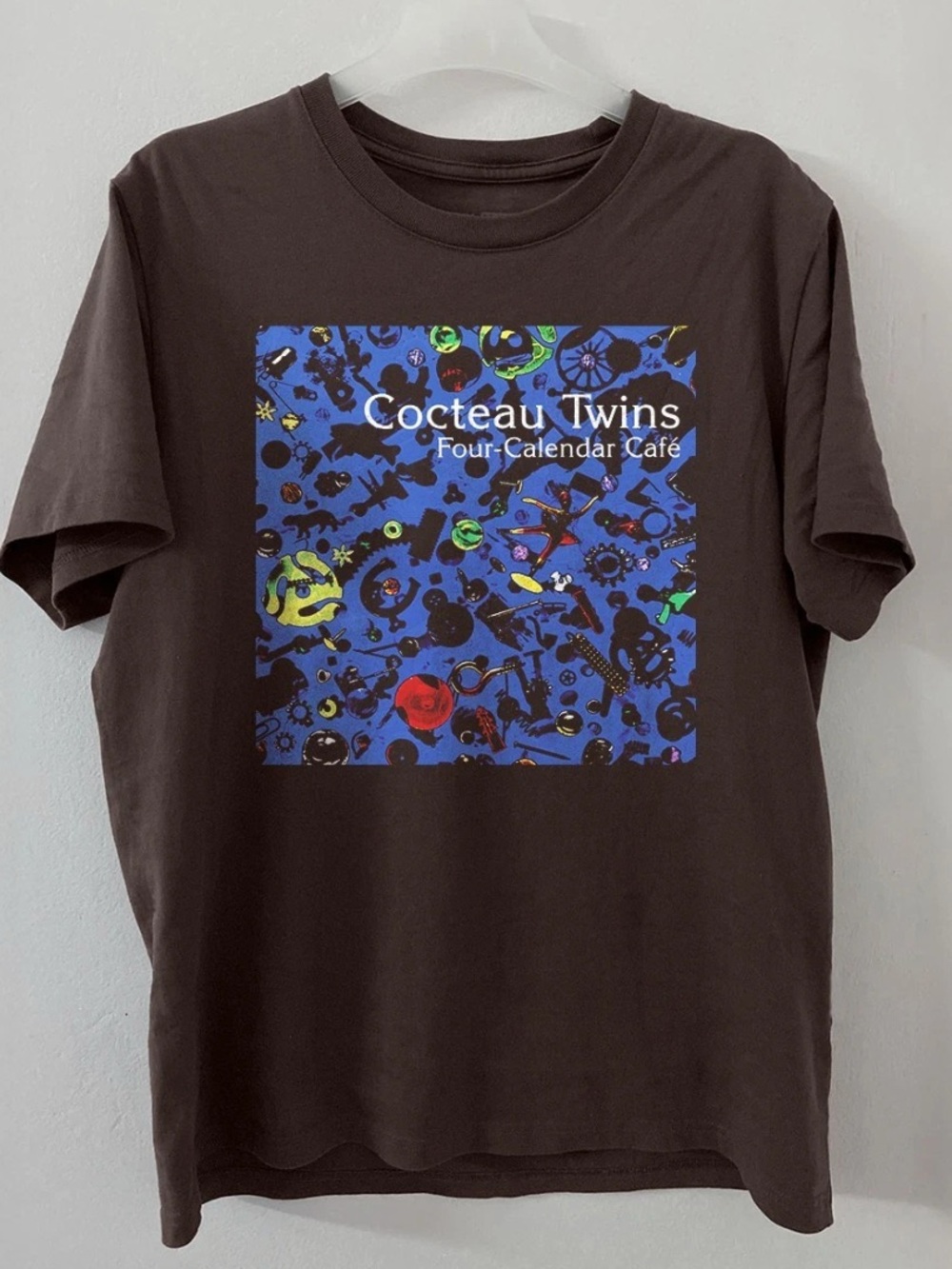 Gildan Brown Tee with Blue Multicolor Cocteau Twins Print